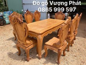 Bộ bàn ăn 8 ghế Hoàng gia Louis hoa lá tay gỗ Gõ Đỏ Víp Loại 1